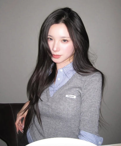 [Lesserafim Sakura Worn] Crank Seoul Knit Layered Check Shirt