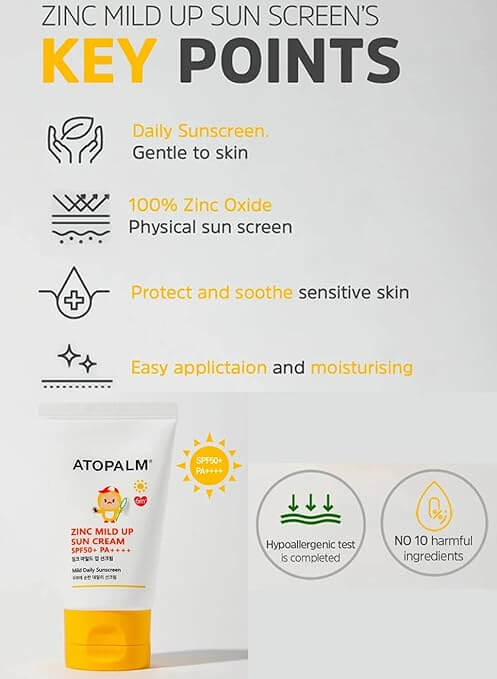 ATOPALM Zinc Mild Up Sun Cream SPF50+ PA+ for kids, gentle and moisturizing daily sunblock with Zinc Oxide, hypoallergenic and safe for sensitive skin