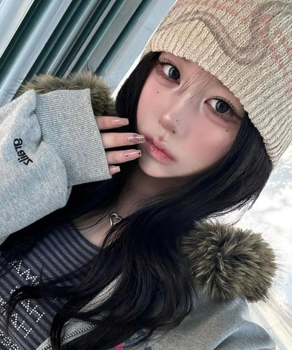 [Lesserafim Chaeyeon Worn] SoulPussycat X Grailz Parody Fur Zip Up Hoodie -Gray