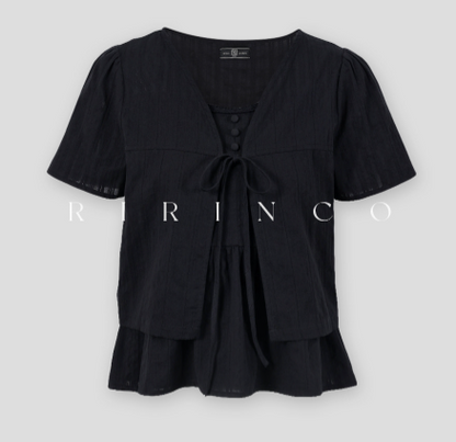RIRINCO - Fruining Cotton Lace Short Sleeve Cardigan Camisole Two-Piece Set