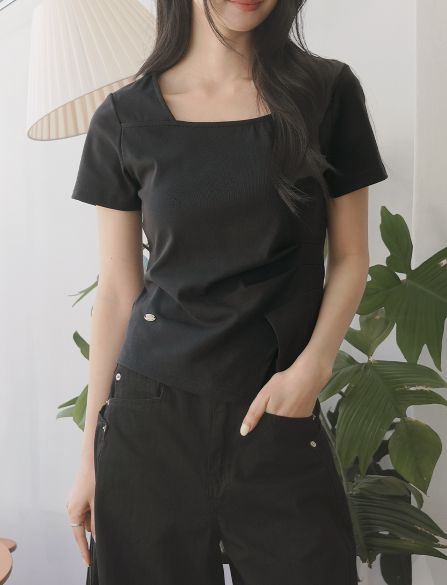 RIRINCO - Marend Square Neck Pintuck Drape Asymmetrical T-Shirt