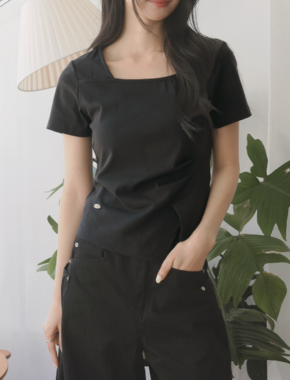 RIRINCO - Marend Square Neck Pintuck Drape Asymmetrical T-Shirt