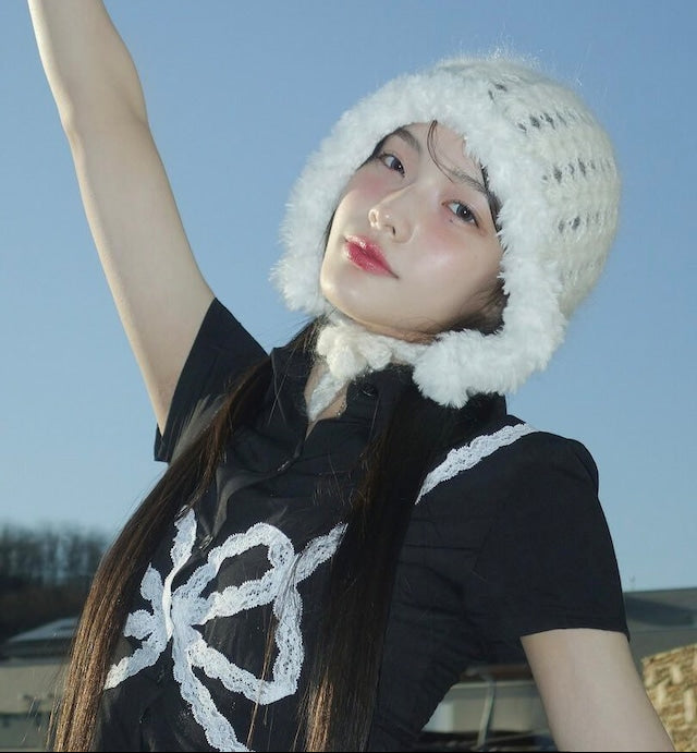 [Illit Iroha Worn] Handicraft Knit Bonnet Hat_Cream