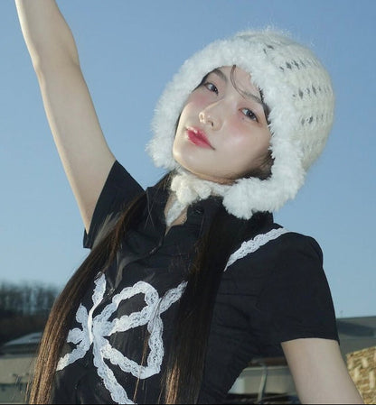 [Illit Iroha Worn] Handicraft Knit Bonnet Hat_Cream