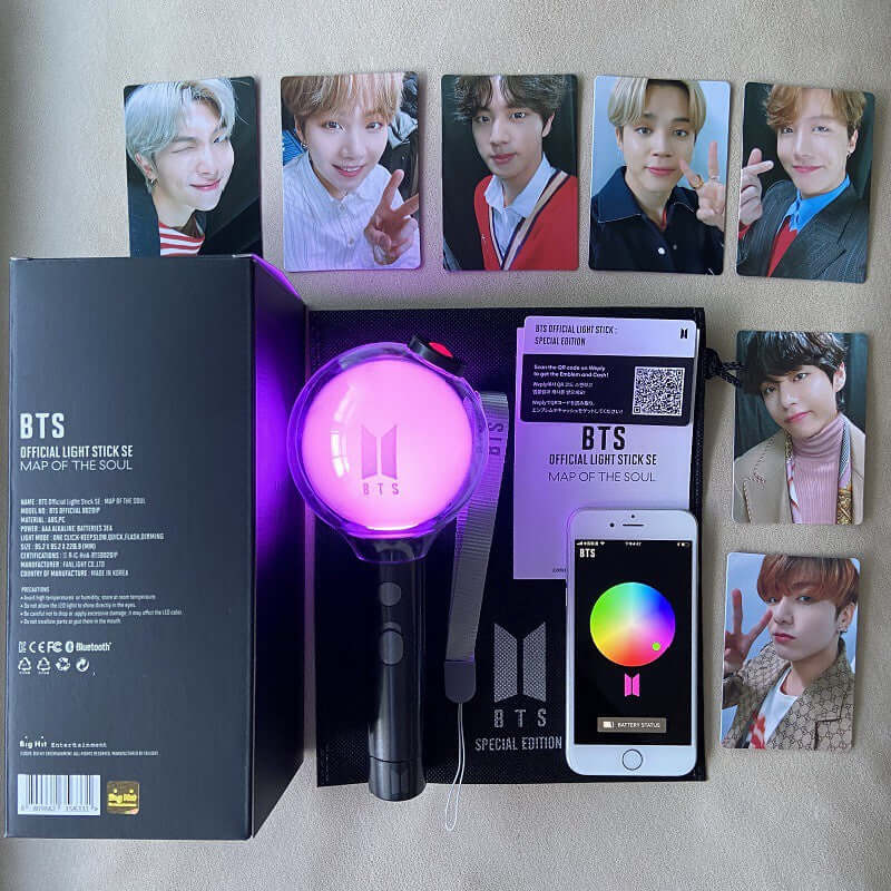 BTS Army Bomb lightstick special edition with box, user manual, strap, exclusive photocards, and dust bag.