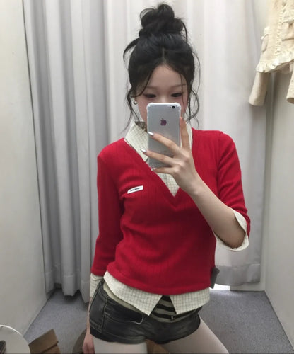 [Lesserafim Sakura Worn] Crank Seoul Knit Layered Check Shirt