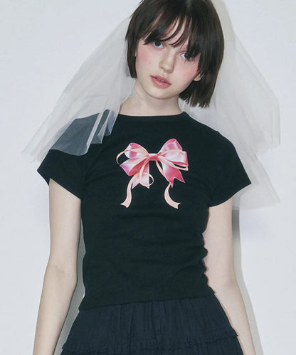 [Blackpink Jennie Worn] Ronron Double Ribbon Slim Crop T-Shirt