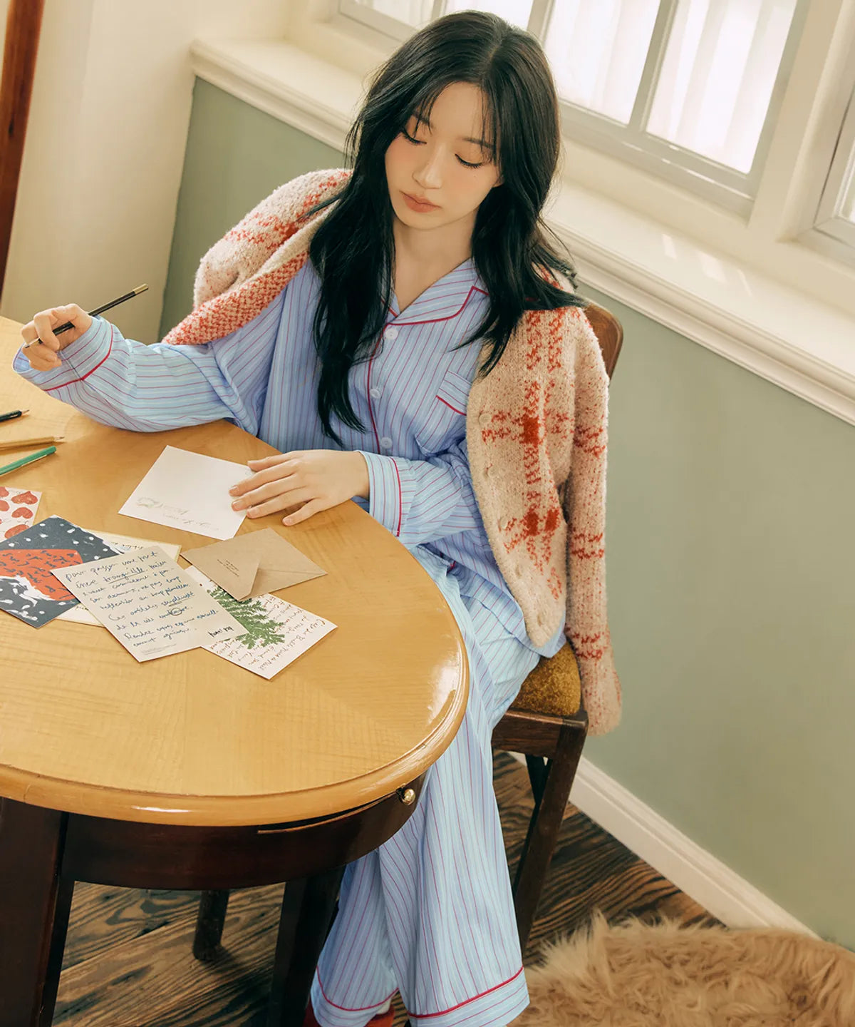 Nmixx Haewon X Dossy Silk Fit Chloe Long Sleeve Couple Pajama Set (Sky)