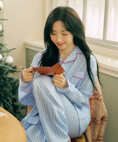 Nmixx Haewon X Dossy Silk Fit Chloe Long Sleeve Couple Pajama Set (Sky)