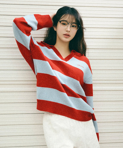[Ive Wonyoung Worn] RolaRola Wool Blended collar Stripe Boarder - Red Blue
