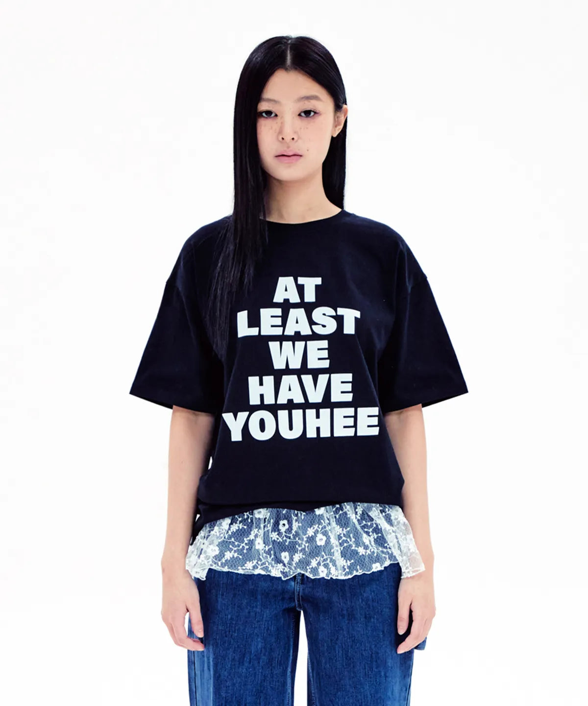 [Aespa Karina Worn] YOUHEE Lettering Over Fit T-Shirts Black