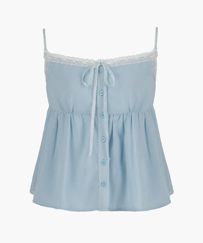 [Aespa Karina Worn] ROUGHNECK Bell Chiffon Lace Top Blue