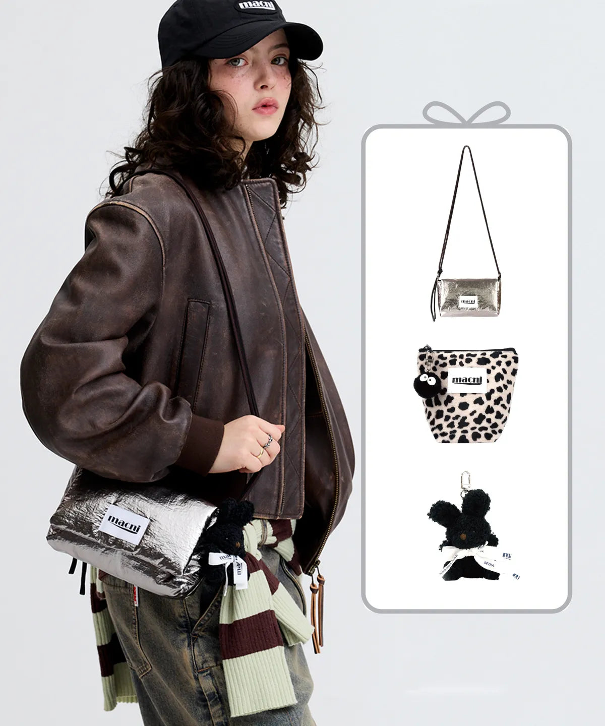 Macni - Glossy String Bag, Leopard Pouch & Mini Rabbit Keyring Set