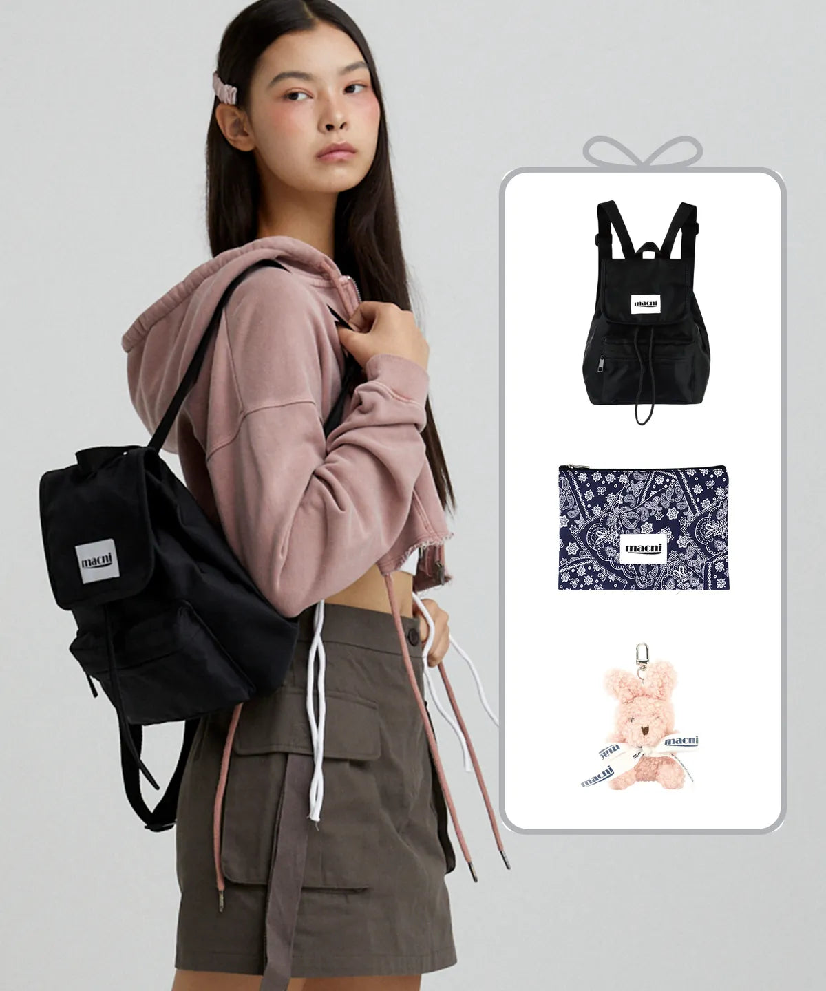 Macni - Flap String backpack, Paisley Slim Pouch Navy & Mini Rabbit Keyring Pink Set