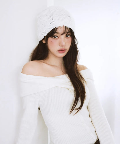 [Ive Wonyoung Worn] RolaRola Wool Blended Twist Buton off Shoulder knit Ivory