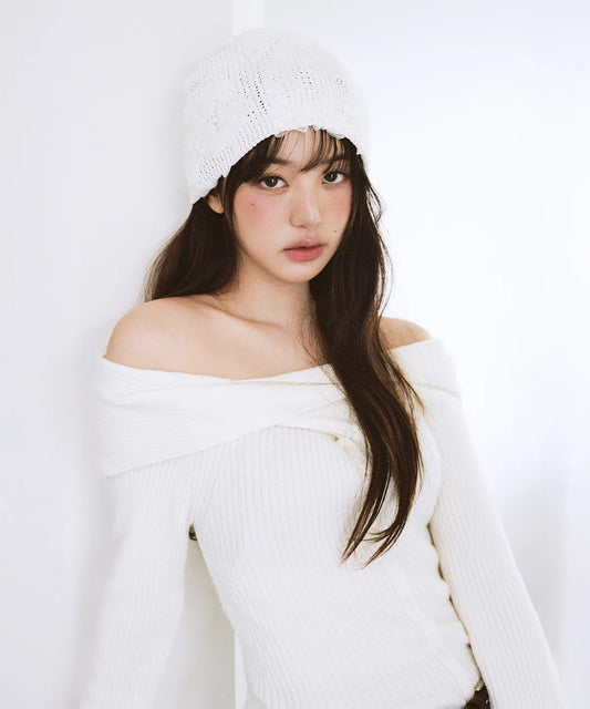 [Ive Wonyoung Worn] RolaRola Wool Blended Twist Buton off Shoulder knit Ivory