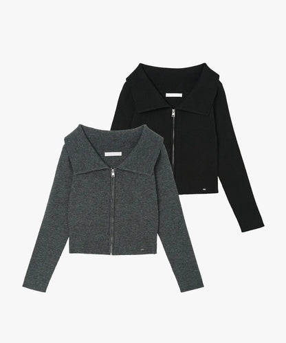 [Kiss Of Life Julie] Plac Women Ribbed Off-Shoulder Zip-Up Knit