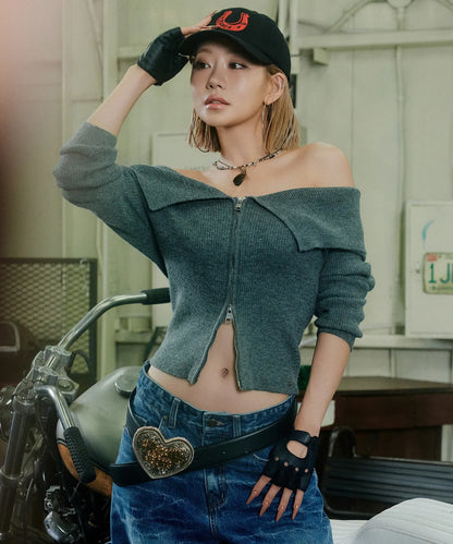 [Kiss Of Life Julie] Plac Women Ribbed Off-Shoulder Zip-Up Knit