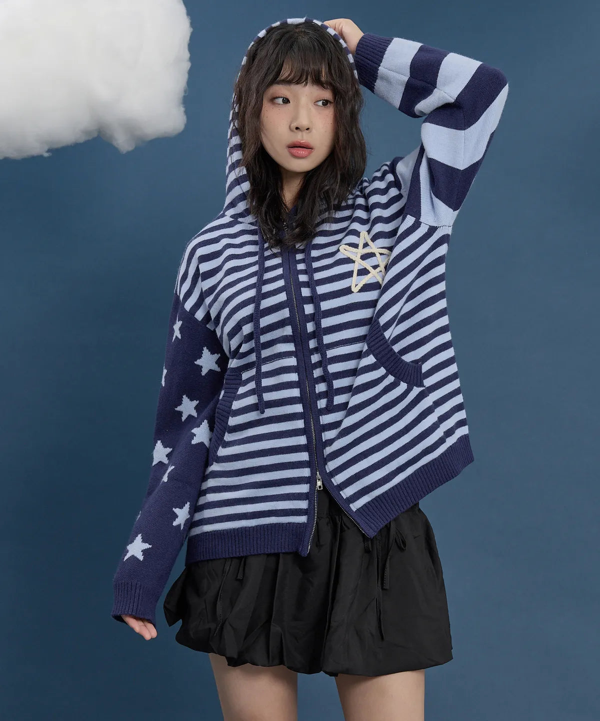 [NCT Wish Ryo Worn] Wai Kei Stripe Star Hooded Knit Zip-Up