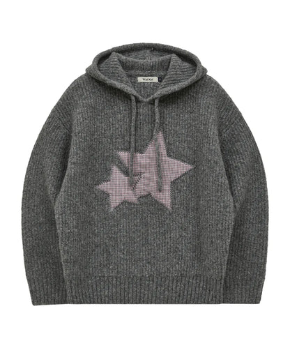 [Izna Mai Worn] Wai kei Big Star Check Applique Hooded Knit