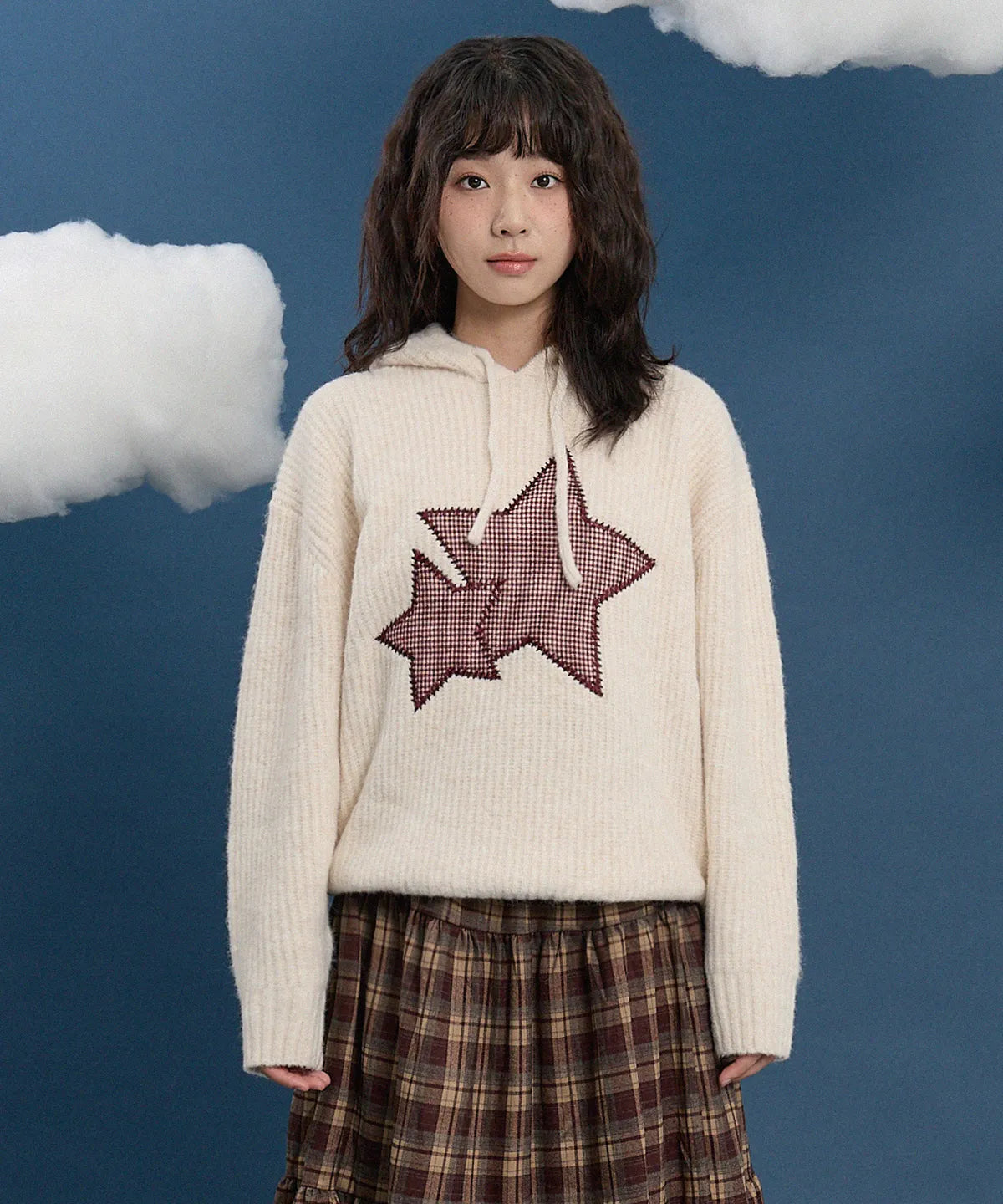 [Izna Mai Worn] Wai kei Big Star Check Applique Hooded Knit