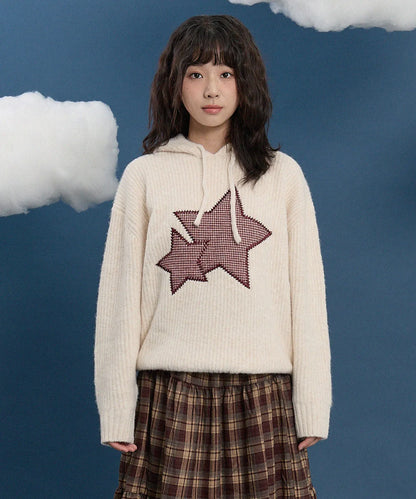 [Izna Mai Worn] Wai kei Big Star Check Applique Hooded Knit