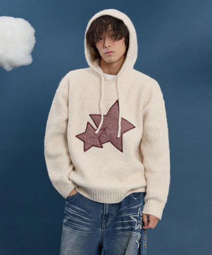 [Izna Mai Worn] Wai kei Big Star Check Applique Hooded Knit