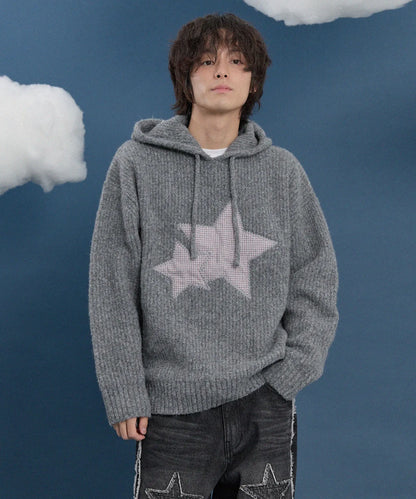 [Izna Mai Worn] Wai kei Big Star Check Applique Hooded Knit