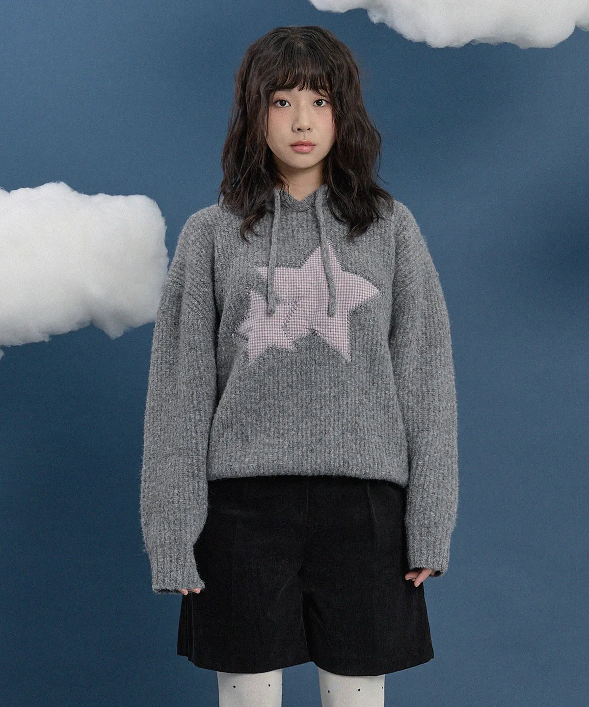 [Izna Mai Worn] Wai kei Big Star Check Applique Hooded Knit