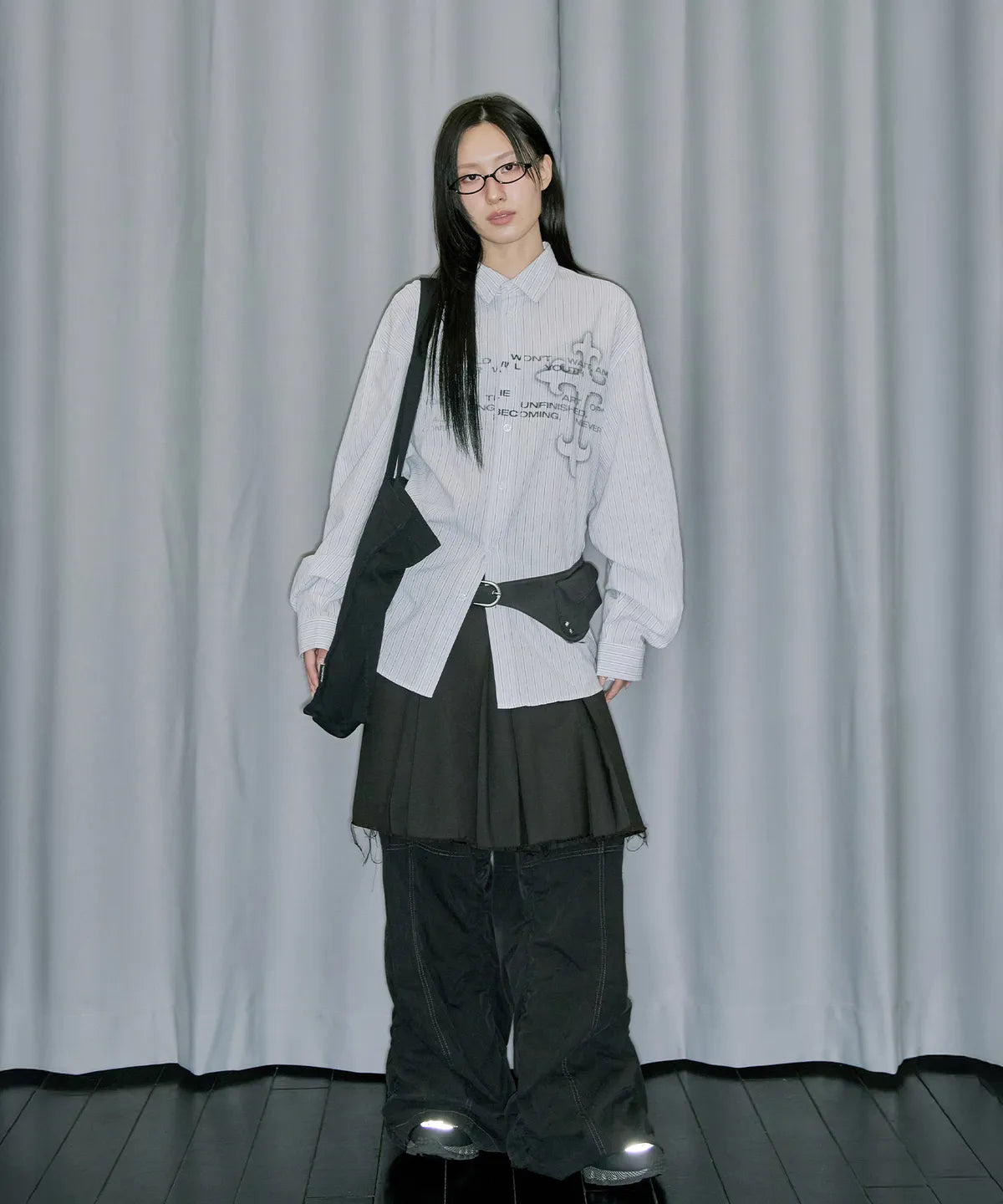 [Enhypen Sunghoon Worn] ODD STUDIO Cross Graphic Stripe Overfit Shirt Blue