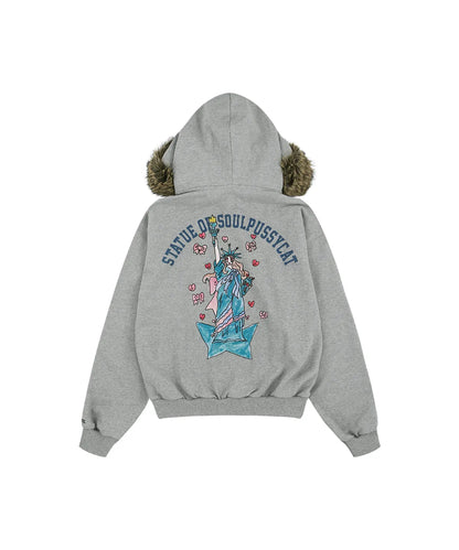 [Lesserafim Chaeyeon Worn] SoulPussycat X Grailz Parody Fur Zip Up Hoodie -Gray