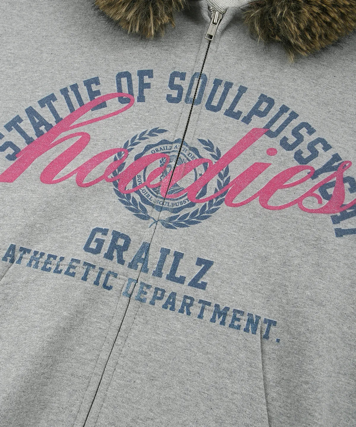 [Lesserafim Chaeyeon Worn] SoulPussycat X Grailz Parody Fur Zip Up Hoodie -Gray