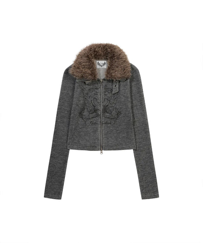 Gila Archive Fur Collar Graphic Knit Zip-Up