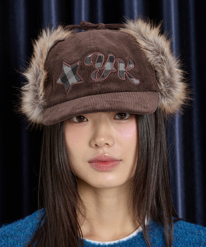 [Straykids Han Worn] Wai Kei Corduroy check Applique Trooper Cap