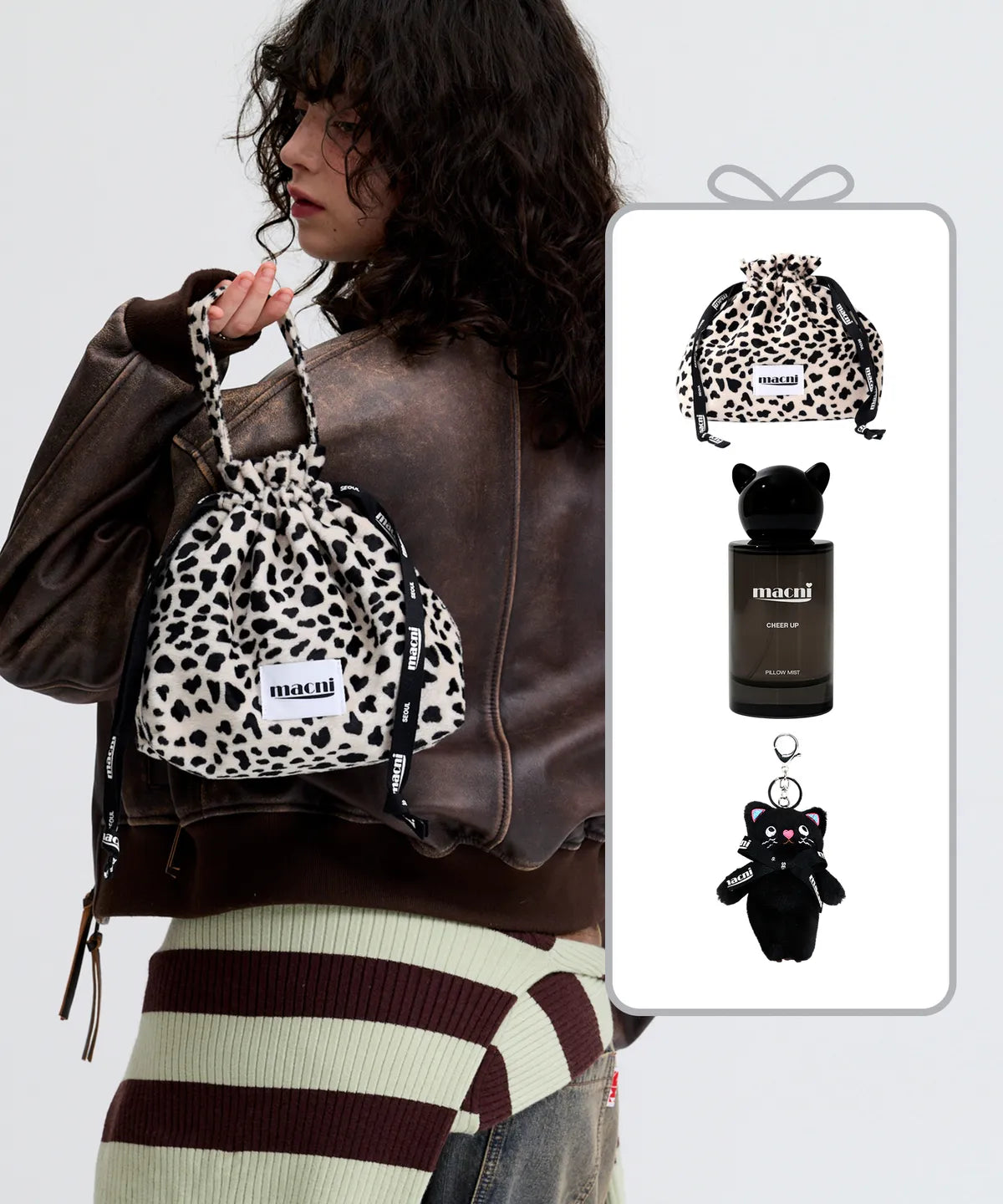 Macni - Leopard String Puch, Pillow MIst & Meow Cat Keyring Set