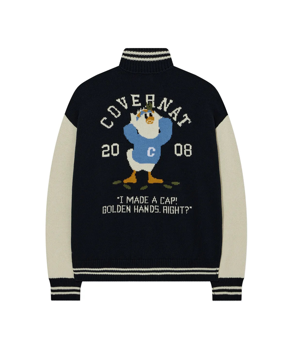 [TXT Soobin Worn] 26SS Covernat Duck Graphic Knit Varsity Jacket Navy