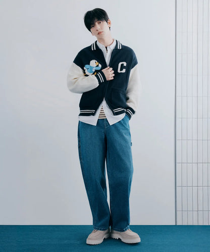 [TXT Soobin Worn] 26SS Covernat Duck Graphic Knit Varsity Jacket Navy