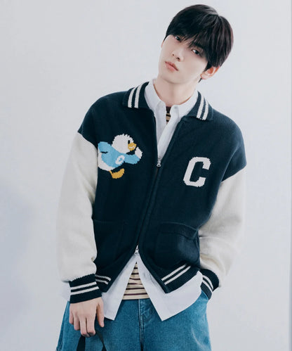 [TXT Soobin Worn] 26SS Covernat Duck Graphic Knit Varsity Jacket Navy