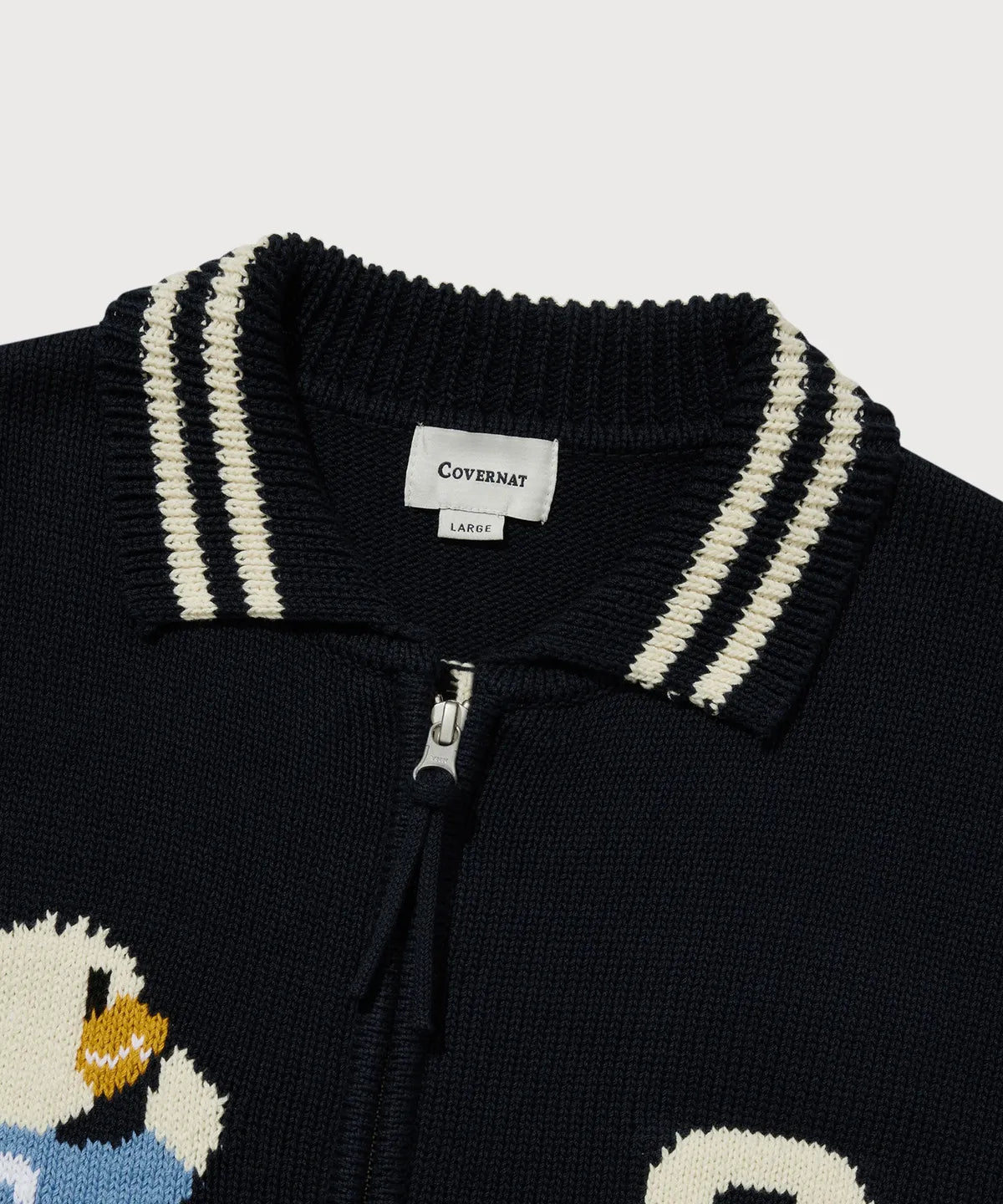 [TXT Soobin Worn] 26SS Covernat Duck Graphic Knit Varsity Jacket Navy