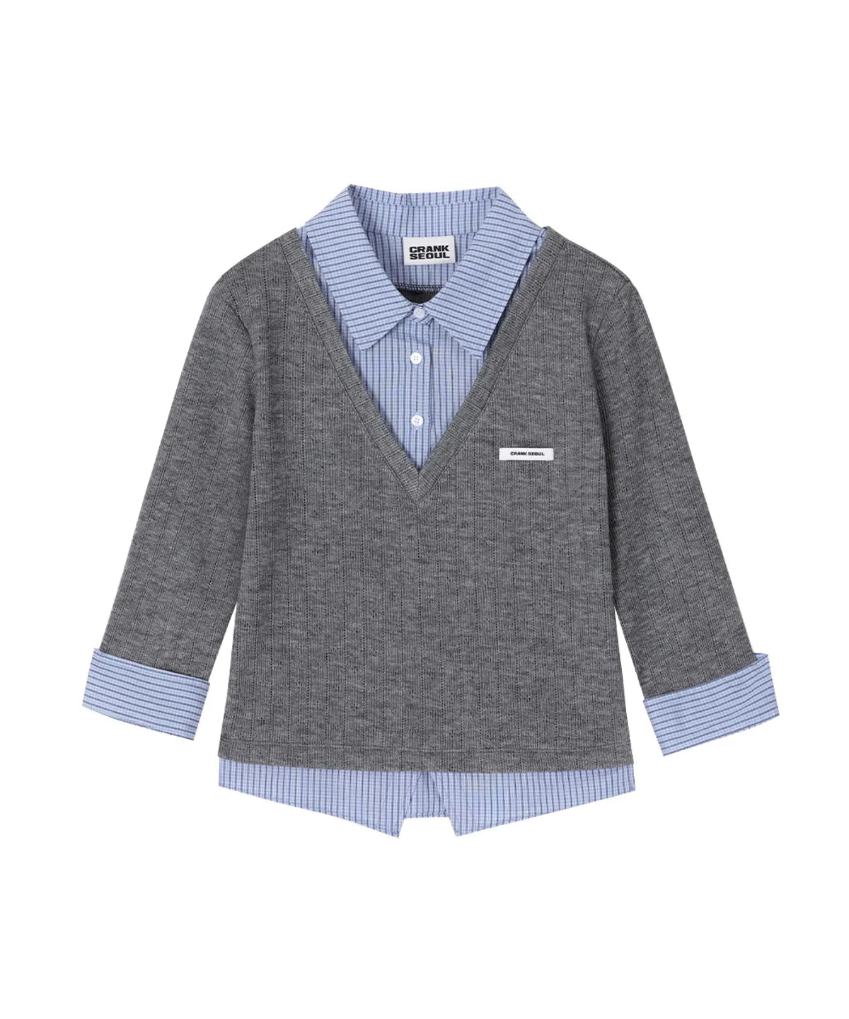 [Lesserafim Sakura Worn] Crank Seoul Knit Layered Check Shirt