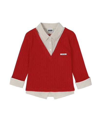 [Lesserafim Sakura Worn] Crank Seoul Knit Layered Check Shirt