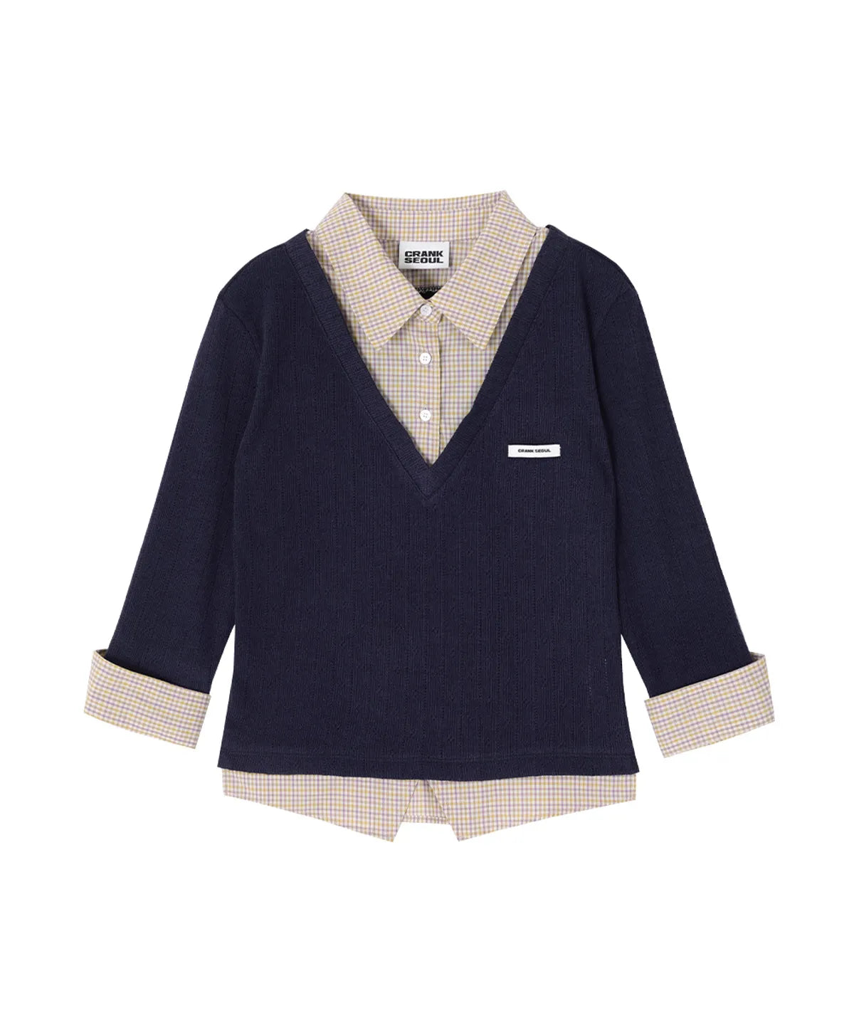 [Lesserafim Sakura Worn] Crank Seoul Knit Layered Check Shirt