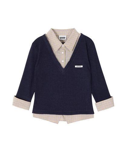 [Lesserafim Sakura Worn] Crank Seoul Knit Layered Check Shirt