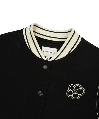 [Aespa Giselle Worn] 26SS Wacky Willy Women's Velvet-Like Varsity Jacket in Black