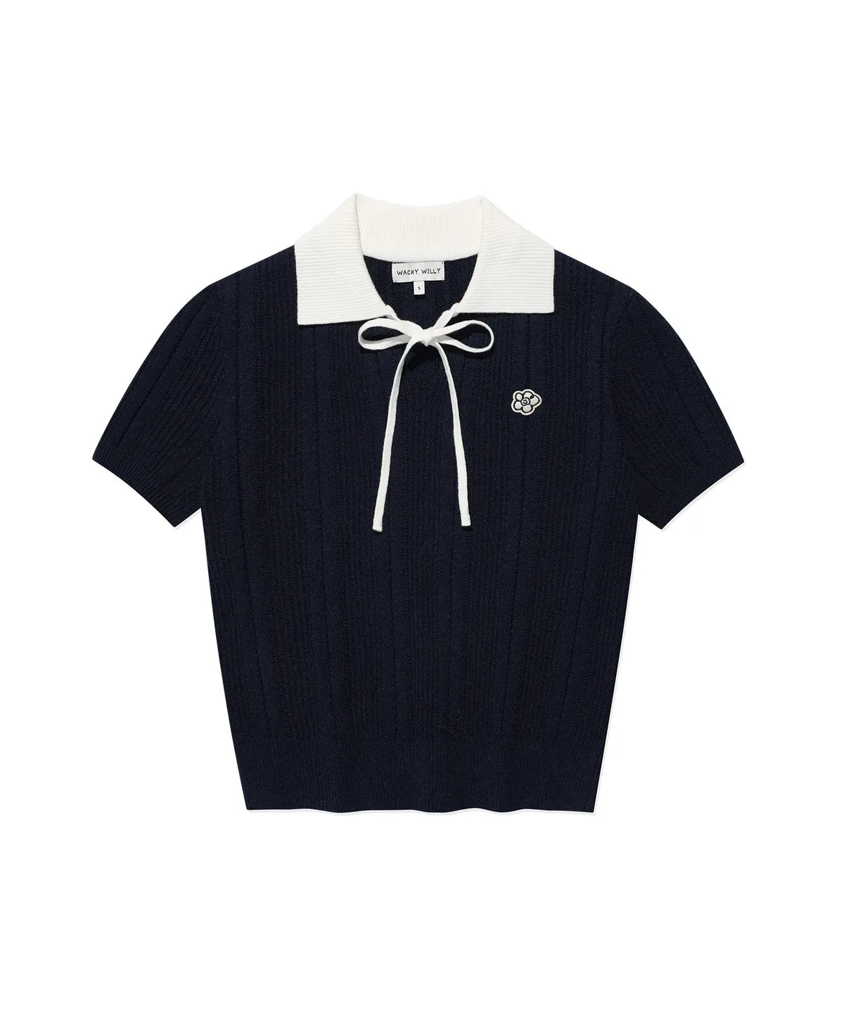 [Aespa Giselle Worn] Wacky Willy Women's Ribbon Collar Short Sleeve Knit Navy