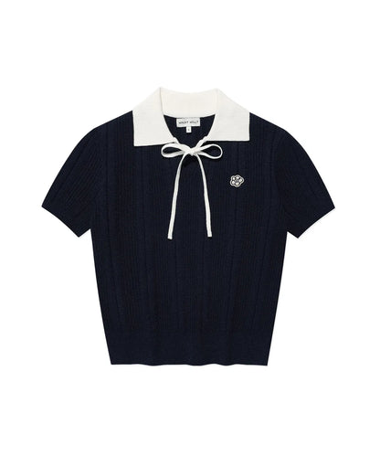 [Aespa Giselle Worn] Wacky Willy Women's Ribbon Collar Short Sleeve Knit Navy