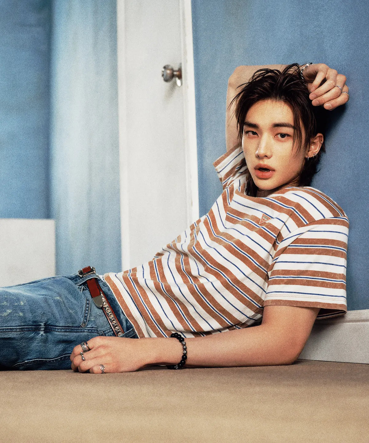 [Straykids Hyunjin Worn] 26 Summer Guess 3-Color Multi-Stripe Ringer Short Sleeve T-shirt
