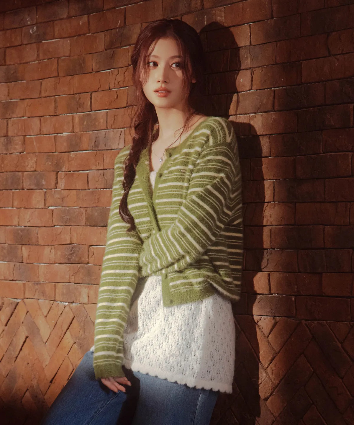 [Twice Sana Pick] 26FW COVERNAT WOMAN Woman Striped Hairy Cardigan Olive