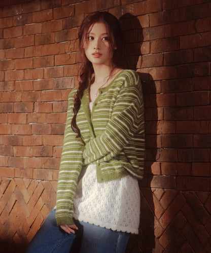[Twice Sana Pick] 26FW COVERNAT WOMAN Woman Striped Hairy Cardigan Olive