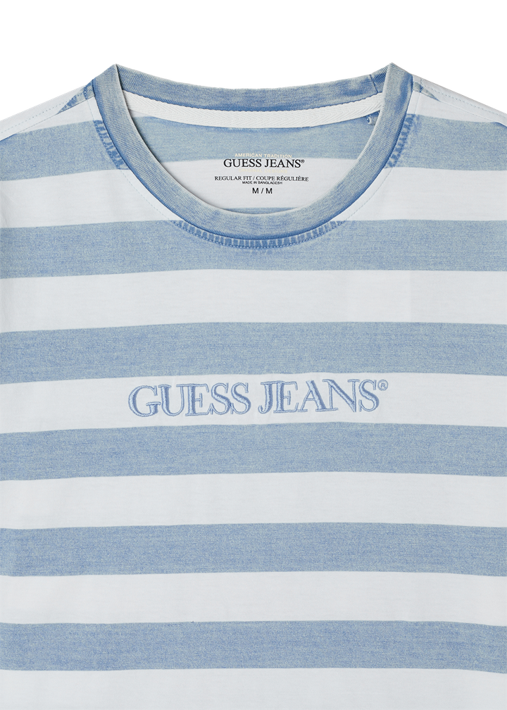 [Straykids Hyunjin Worn] 26 Summer Guess Men Regular Indigo Stripe Short Sleeve T-Shirt _  Light Blue